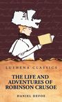 LUSHENA CLASSICS, THE LIFE AND ADVENTURES OF ROBINSON CRUSOE, DANIEL DEFOE. Illustration von Frau mit Hut liest Buch.
