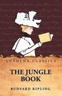 "Lushena Classics, The Jungle Book, Rudyard Kipling" in Großbuchstaben, darüber ein gezeichnetes Profil einer Frau mit Hut, die liest.