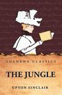 "Lushena Classics: THE JUNGLE, Upton Sinclair" in einem eleganten Stil auf braunem Hintergrund mit Frau, die ein Buch liest.