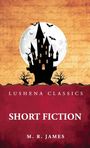 LUSHENA CLASSICS, SHORT FICTION von M. R. James. Silhouette eines Schlosses vor Vollmond, umgeben von Fledermäusen.