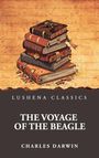 "Lushena Classics", "The Voyage of the Beagle", "Charles Darwin". Illustration: Ein Stapel alter Bücher mit einem Blatt darauf.