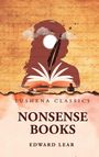 "Lushena Classics. Nonsense Books. Edward Lear." Ein offenes Buch mit Feder auf gemustertem Hintergrund, Vögel oben.