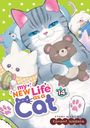 „my NEW Life as a Cat 14“. Ein grauer, niedlicher animierter Kater mit einem Teddybär auf grünem Hintergrund mit Punkten.