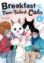 Titel: "Breakfast with My Two-Tailed Cat". Zwei Menschen und zwei große Katzen trinken heiße Schokolade im Schnee.