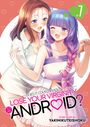 Text: "Does it count if you lose your virginity to an android?" Zwei Manga-Figuren, eng umschlungen, lächeln. Im Hintergrund Herzen.