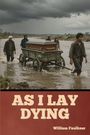 "As I Lay Dying" von William Faulkner. Menschen ziehen einen Karren mit Sarg durch einen Fluss, dunkle Wolken am Himmel.