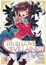 „I'm in LOVE with the VILLAINESS“ steht in einem Herz. Illustration einer Frau in roter Jacke mit Blättern um sie herum.