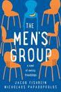 Text: "The Men's Group", "a novel of messy friendships", "Jacob Fishbein", "Nicholaos Papadopoulos". Illustration mit Stühlen.