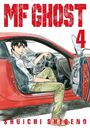 „MF Ghost 4“ und „Shuichi Shigeno“ in roten Buchstaben. Ein junger Mann sitzt in einem roten Auto. Illustration.