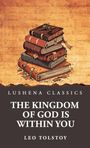 "Lushena Classics, The Kingdom of God is Within You, Leo Tolstoy." Illustration: Ein Stapel alter Bücher auf antikem Hintergrund.