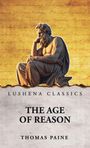 LUSHENA CLASSICS; THE AGE OF REASON; THOMAS PAINE. Eine Statue eines nachdenklichen, sitzenden Mannes vor gelbem Hintergrund.