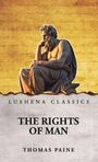Lushena Classics: The Rights of Man. Thomas Paine. Eine Statue eines nachdenklichen Mannes auf altem Schrift-Hintergrund.