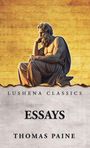 "Lushena Classics. Essays. Thomas Paine." Eine nachdenkliche Statue vor einem geschmückten Hintergrund.