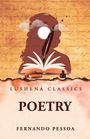 "Lushena Classics. Poetry, Fernando Pessoa." Silhouette mit Feder, Buch, Tinte und Vögeln auf einem strukturierten Hintergrund.