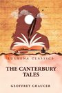 Texte: THE CANTERBURY TALES, GEOFFREY CHAUCER. Illustration mit Kopf, Buch, Feder und Tintenfass.