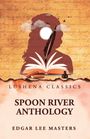 „Lushena Classics. Spoon River Anthology, Edgar Lee Masters.“ Silhouette mit Buch, Feder, Wolken und Vögeln.