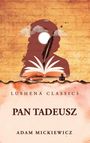 Lushena Classics, Pan Tadeusz, Adam Mickiewicz. Eine Feder und ein Buch vor einer Silhouette mit Wolken und Vögeln.