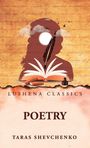 LUSHENA CLASSICS, POETRY, TARAS SHEVCHENKO. Illustration mit Silhouette, offenem Buch, Feder und Vogelschwarm.