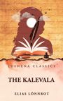 "LUSHENA CLASSICS, THE KALEVALA, ELIAS LÖNNROT. Illustration mit Buch, Feder, Silhouette und fliegenden Vögeln."