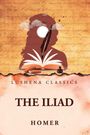 "Lushena Classics", "The Iliad", "Homer". Silhouette mit Feder und Buch, Vögel im Himmel auf orangenem Hintergrund.