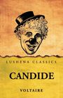 LUSHENA CLASSICS, CANDIDE, VOLTAIRE. Eine Zeichnung zeigt ein lachendes Gesicht mit Hut und Clownsnase.