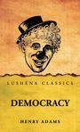 LUSHENA CLASSICS. DEMOCRACY. HENRY ADAMS. Illustration eines Clowns mit Hut auf braunem Hintergrund.