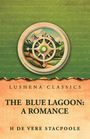 „Lushena Classics. The Blue Lagoon: A Romance. H De Vere Stacpoole.“ Kompass-Illustration vor Berglandschaft.