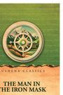 Text: "THE MAN IN THE IRON MASK." Illustration: Kompass vor Berglandschaft, grüner Hintergrund, links Schriftzüge.