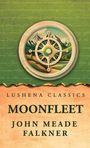 Text: "Lushena Classics. Moonfleet. John Meade Falkner." Illustration eines Kompasses vor einer Landschaft mit Bergen.
