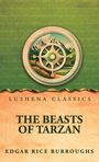 Text: "LUSHENA CLASSICS", "THE BEASTS OF TARZAN", "EDGAR RICE BURROUGHS". Illustration von einem Kompass über Landschaft.