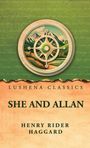 "Lushena Classics, She and Allan, Henry Rider Haggard. Illustration: Kompass über Berglandschaft auf grünem Hintergrund."