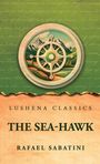 "Lushena Classics, The Sea-Hawk, Rafael Sabatini. Illustration eines Steuerrads vor Bergen und grünem Hintergrund."