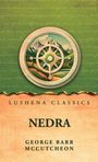 Text: „Lushena Classics, Nedra, George Barr McCutcheon.“ Illustration: Kompassrad mit Berglandschaft.