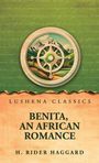 "Lushena Classics. Benita, An African Romance. H. Rider Haggard." Illustration eines Kompasses vor Bergen und Wiesen.