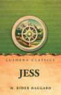 „Lushena Classics“, „Jess“, „H. Rider Haggard“. Illustration mit Berglandschaft und Windrose auf grünem Hintergrund.