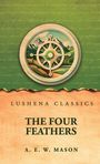 Text: "Lushena Classics, The Four Feathers, A. E. W. Mason". Illustration: Kompass über Bergen auf grünem Hintergrund.