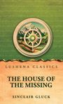 "THE HOUSE OF THE MISSING" von Sinclair Gluck. Oben Kompass und Berglandschaft in grüner und beiger Illustration.