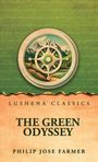 "Lushena Classics, The Green Odyssey, Philip Jose Farmer." Ein Steuerrad in einer Landschaft mit Bergen und Flüssen.