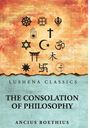 "Lushena Classics, The Consolation of Philosophy, Ancius Boethius". Symbole verschiedener Religionen auf geflammtem Hintergrund.