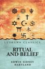 "Lushena Classics: Ritual and Belief, Edwin Sidney Hartland." Diverse religiöse Symbole auf einem Hintergrund in Erdtönen.