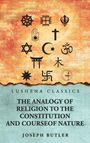 Titel: "THE ANALOGY OF RELIGION TO THE CONSTITUTION AND COURSE OF NATURE." Verschiedene religiöse Symbole auf strukturiertem Hintergrund.