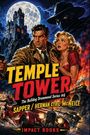 "Temple Tower" in großen gelben Buchstaben, Illustration einer Burg vor Vollmond, Mann mit Waffe und Frau in Angst.