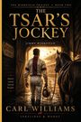 "THE TSAR'S JOCKEY: A Novel of Jimmy Winkfield" steht groß geschrieben. Ein Jockey mit Pferd blickt auf eine Rennbahn.