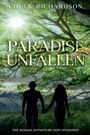 "PARADISE UNFALLEN" zeigt zwei Silhouetten, die sich in einer waldigen Landschaft mit Bergen im Hintergrund die Hand halten.