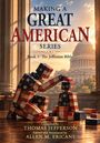 Text: "Making a Great American Series. Book 1: The Jefferson Bible. Compiled by Thomas Jefferson, Edited and Annotated by Allen M. Ericans." Ein Mosaikmensch aus amerikanischen Flaggenfarben bastelt. Im Hintergrund das Kapitol.