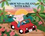 „AROUND THE ISLAND WITH KIKO“ zeigt ein Schwein im roten Auto, entlang einer tropischen Küste, Palmen und Blumen.