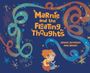 "Marnie and the Floating Thoughts" in gelber Schrift. Eine Illustration von Marnie, sie liest ein Buch, umgeben von bunten Formen.