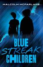 "Blue Streak Children": Zwei schwarze Silhouetten vor einem blauen, blitzartigen Hintergrund.