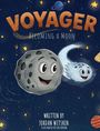 "Voyager: Becoming a Moon", Illustration mit freudigen Asteroiden im Weltraum, Sterne und Planeten im Hintergrund.