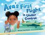Text: "Ava’s First Flight is Under Control." Ein kleines Mädchen mit Zöpfen lächelt und hält einen blauen Teddybären. Ein Flugzeug mit "EagleAir" im Hintergrund.